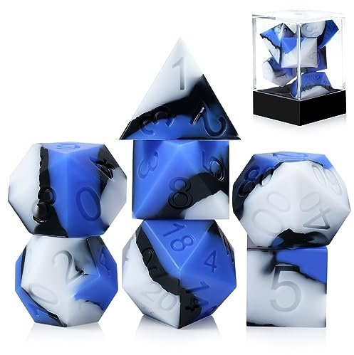 DNDND - Set di 7 dadi in silicone per D&D, con custodia in plastica trasparente, per giochi di ruolo come Dungeons and Dragons, giochi di ruolo e giochi da tavolo (blu, nero, bianco
