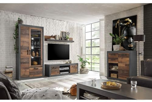 Lomadox Wohnwand Set mit Kommode im Industrial-Design, Old Mix Dekor mit Matera grau, TV-Lowboard, Kommode, Vitrinenschrank inkl. LED, B/H/T ca.: 382/201/43 cm