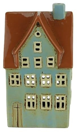 mucHome Windlicht Haus für Teelicht aus Keramik Teelichthaus Lichthaus (Hellblau 10,5x7,5x19,5cm)