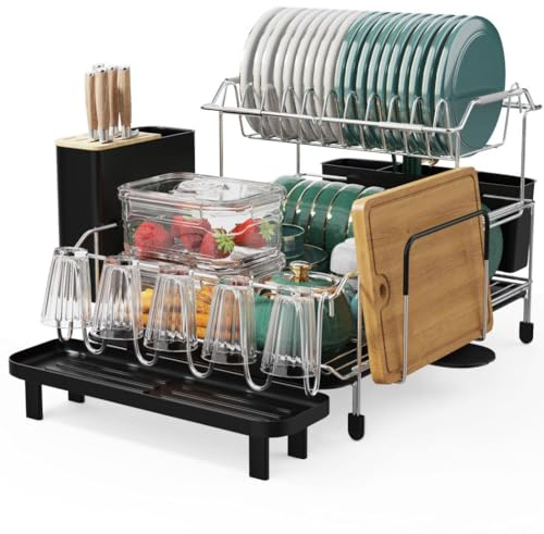 TANGZON 2 Tier Dish Drainers Rack, Metal Draining Dish Rack with Drainboard, Adjustable Swivel Spout, Utensil Holder & Anti-slip Foot Pads, Detachable Dish Rack Organizer for Kitchen Counter, Sliver