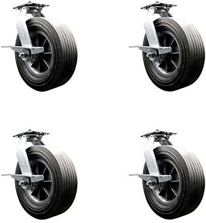 BBQ Smoker Grill Flat Free All Terrain Caster Wheel Set – 10 Inch Easy Roll, No Flat, Maintenance Free Solid Rubber Wheels – Industrial Grade – 4 Swivel Casters with Side Lock Brakes – Service Caster
