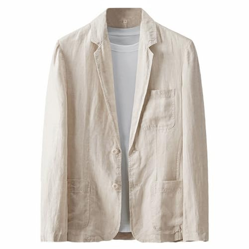 GIBZ Giacca da Uomo in Lino Giacche da Abito Semplice Casual alla Moda Cappotto Blazer Sportivo Traspirante con Tasca per La Primavera Estate Autunno Beige L
