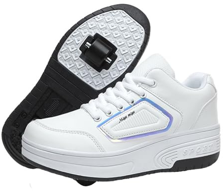 Mateju Schuhe mit Rollen für Jungen Mädchen, Kinder Rollschuhe Schuhe mit Rollen, Mode Outdoor Turnschuhe Versenkbarer, 2-in-1 Roller Schuhe Turnschuhe Skateboardschuhe 40 EU Weiß