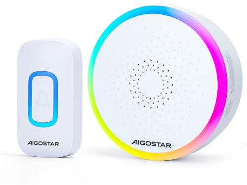 Aigostar campanello senza fili, Campanello Wireless Impermeabile IP55 da Esterno, Campanello Wireless RGB, Portata 150M, 5 Livelli Volume 60 Melodie, Bianco