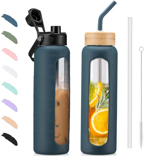 BLUEGO 900ml Glass Water Bottle with Straw and 2 Lids Glass Coffee Cup with Time Marker and Silicone Protector Glass Tumbler for Beverages Soda Cola BPA Free, Dark Blue