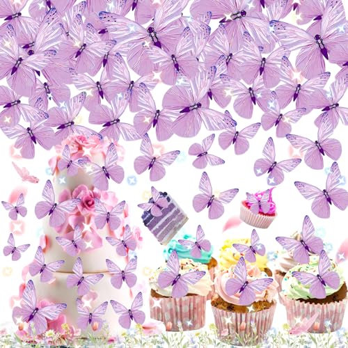 truee 72 Stück Kuchendekorationen mit Schmetterlingen, Dekorationen für Geburtstagsfeiern mit Schmetterlingen, Schmetterlinge Cupcake Toppers, dekorative Schmetterlinge Kuchen (lila)