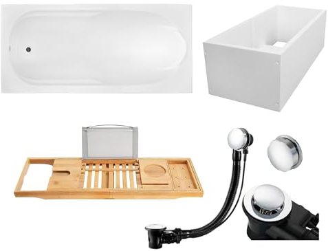 BADLAND Premium Set 5in1 Badewanne Rechteck Acryl Weiß Wanne BONA 160x70 cm, Made in EU + Verkleidung (Wannenträger) + Bambus Badewannenablage, Moderne Design, mit Ablaufgarnitur und Füßen
