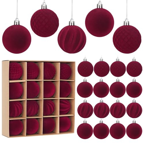 Miaikoe 16 Stück Samt Weihnachtskugeln hängende Ornamente Set, vorgebunden zerstörungsdicht Plastik Flocked Weihnachtskugeln Weihnachtsdekorationen Festival Feiertag Party Dekor (Rot, 6CM)