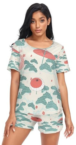 HMZXZ Damen Schlafanzug-Set japanisch Umbrella Drucken Sommer Pyjama Woman Set,Retro Loungewear und Shorts Lounge Set Sleepwear Nachtwäsche