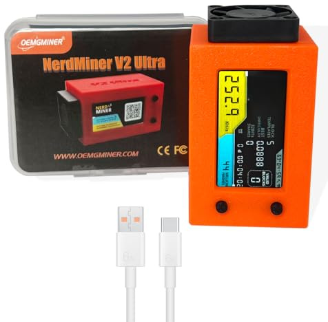 NerdMiner V2 Ultra 78KH/S T-Display S3 Bitcoin Loterie solo Faible consommation d'énergie WiFi USB-C Power Crypto Ventilateur Lucky Miner Win 6.25 BTC (Orange)