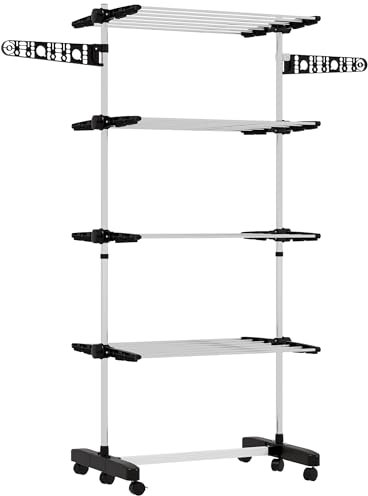 HOMCOM Séchoir à Linge Pliable étendoir Linge intérieur et extérieur seche Linge etendoir réglable en Acier Inoxydable à 4 Niveaux avec 2 Ailes latérales et 6 roulettes 142 x 55 x 172 cm Noir