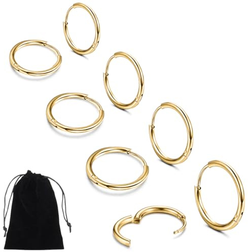 ZKGYUS Gold-Silber-Creolen-Set für Damen, Sterling-Silber 925, 4 Größen (8/10/12/14 mm), hypoallergen, leicht, Clipverschluss