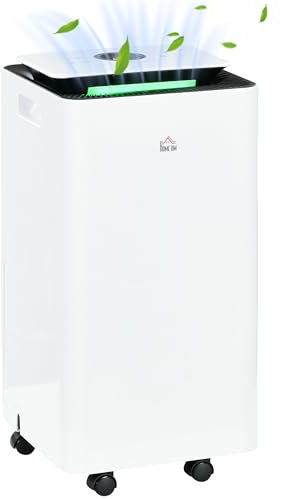 HOMCOM Deumidificatore Portatile da 10L/Giorno con 5 Modalità, 2 Velocità, Deumidificatore Silenzioso con Timer 24h e Ruote, Adatto Fino a 20 m³, 25x25x50.5 cm, Bianco