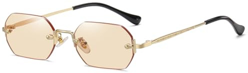 RUNHUIS Retro Randlose Rechteckige Sonnenbrille für Damen Herren Vintage Hexagon getönte Gläser