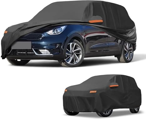 Partuto Housse De Voiture Étanche Toutes Saisons pour Automobile en Extérieur Protection Anti-UV Soleil Pluie Complète pour Kia NIRO 190T-Pu Noir avec Bandes Réfléchissantes