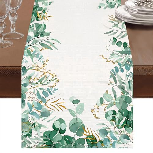 BINXWA Eukalyptus deko tischläufer grün, Frühlingstischläufer modern, Outdoor tischläufer beige, Geeignet für Küche, Bar, Esstisch 186 x 33 cm