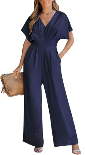 CUPSHE Mono de verano para mujer, con escote en V, mangas cortas, pierna ancha, estilo casual, azul navy, L