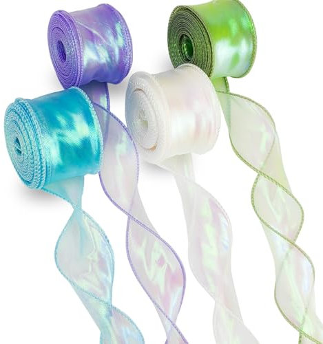 FLEXNOVA 4 Rollen Organzaband, 40mm x 9m Schleifenband Schimmernd Weiss Blau Grün Lila, Geschenkband Breit, Satinband, Chiffonband, Seidenband, Hochzeit Ribbon für Blumenstrauß Geschenkverpackungen