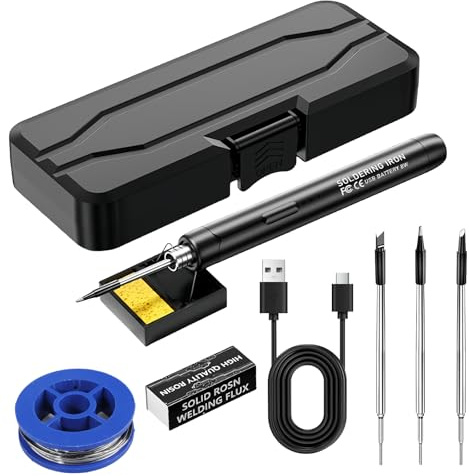 BORDEAG Akku Lötkolben Set, USB Akku Lötkolben mit LCD, 330 ℃-450 ℃, 3 Lötspitzen, Lötkolbenständer, Lötdraht, Professionelles Set