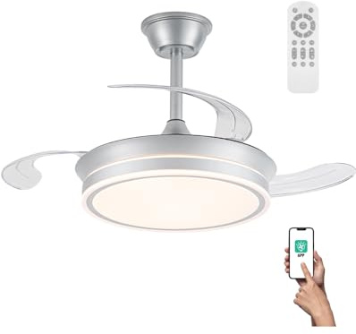 wonderlamp - Ventilador de techo Smart con APP y mando a Distancia, Ventilador de techo con aspas retráctil, Miso Mini Evo Plata 46W, Memoria de encendido, 3 CCT, Intensidad Regulable, Silencioso