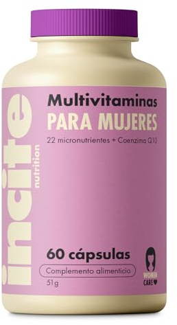 Incite Nutrition Multivitamínico para Mujeres. 60 Cápsulas. Fórmula con 22 Vitaminas y Minerales Esenciales + Coenzima Q10. Apoyo Inmune, Energía, Salud Ósea, Armonía Hormonal. Apto para Vegetarianas