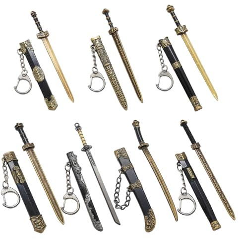 Lawnrden Mini Katana Keychain, 7Pcs Chinese Ancient Mini Sword Keychain Metal Katana Toy Model with Pull Out Sword Shaped Letter Parcel Opener Ornaments