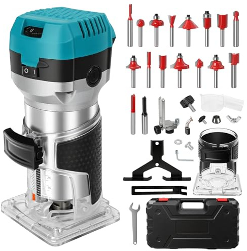 Holzfräse Oberfräse Electric Hand Holz Fräsmaschine mit Koffer - 15 Set Zubehör 980 W 330000 R/min 6,35 mm 8mm - Wood Router Kantenfräse Handpalmenfräser für die Holzbearbeitung