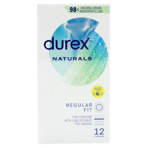 DUREX Condoms Naturals Regular Fit 12 Pack | Thin Latex for Enhanced Sensation | 98% Natural Lubricant | Comfortable Safe Fit for Intimacy | Latex Condoms for Protection + EPISHED Guide Included