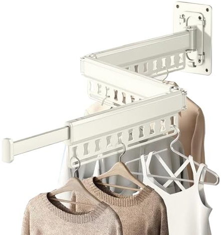 HGZBS Clothes Drying Rack Wall-Mounted, 3-Fold Retractable Clothes Hanger with Windproof Holes & Detachable Design, Sturdy Foldable Laundry Rack for Balcony, Bathroom Use (Cream White)