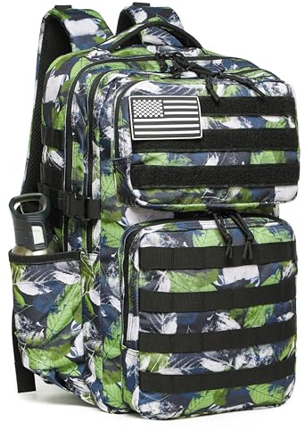 Wotony Militär taktisk ryggsäck för män, vattentät dagväska, 3 dagars överfallspaket molle-väska med vattenflaskhållare (gröna blad, 35 L)