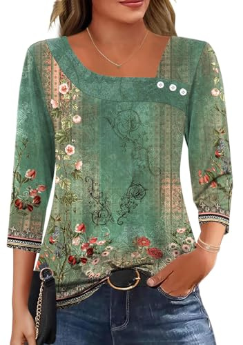 Kistore 3/4 Sleeve T Shirts for Women UK Summer Womens Tops Asymmetrical Neck Tunic Blouses for Office Work Woman Clothes Boho Green L