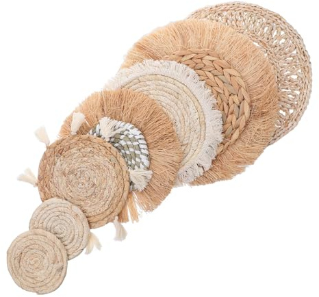 BAZEITFLOW Decorazioni da Parete Intrecciate a Mano Boho Set 7 Pezzi in Erba di Rafia e Cotone Appendibili e Decorazione Rustica Circolare per Soggiorno