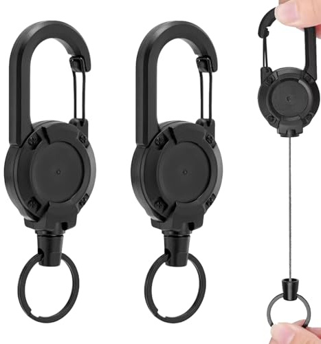 2 Pcs Retractable Keychain, Heavy Duty Badge Reel with 23.6'' Steel Cord,Retractable Keyring Extendable Key Chain Heavy Duty Key Lanyard Belt Clip Badge Holder Pull Reel for Outdoor(Black)