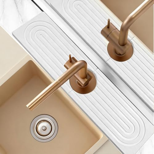 JJYHEHOT Stone Faucet Mat for Kitchen Sink, Diatomite Stone Drying Sink Protectors, Quick Dry Water Absorbing Faucet Splash Guard for Kitchen Bathroom Counter (White, 15.7 x 3.9)