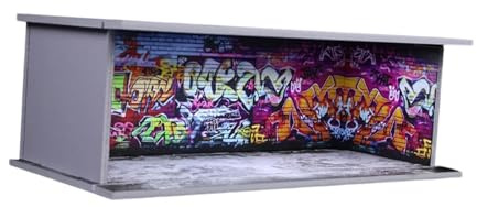 Oshhni Modellauto Vitrine 1/64 Maßstab Parkhaus Display Gehäuse mit Led Beleuchtung Acryl Schiebetür Staubschutz PVC für Schreibtisch Wohnung Büro Dekoration, Graffiti-Wand