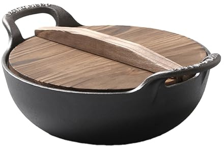 Asixxsix Wok in ghisa, Stir Frig Pan senza rivestimento con coperchio in legno e doppie maniglie per stufe elettriche a gas a induzione, 12,6 pollici 5,8Qt grande capacità pentola da (32 cm / 12,6