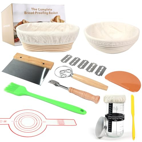 KinConnyen.® Starter-Set für natürliches Sauerteig. Runder und ovaler Korb für natürliche Fermentation, 100% natürliches Rattan, 600 ml Mutterteig-Topf, Brotmesser, Teigpeitsche