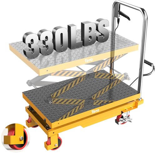 Tera Hydraulic Lift Table Cart: 330lbs Capacity 10.4-49.6 Lift Height Manual Double Scissor Lift with Anti-Collision Wheels Non-Slip Pad & Fixing Tape for Warehouse Material Handling LT1502