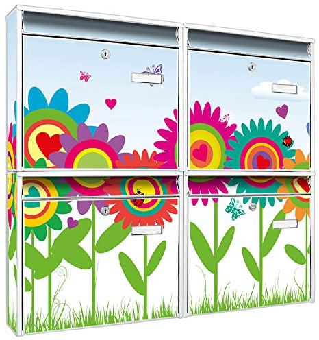 banjado Briefkastenanlage 4 Fach - Postkästen groß - verzinkter Stahl weiß DIN A4 Motiv Bunte Blumen - Briefkasten Set 4 Briefkästen Namensschild, 2 Schlüssel, Montagematerial
