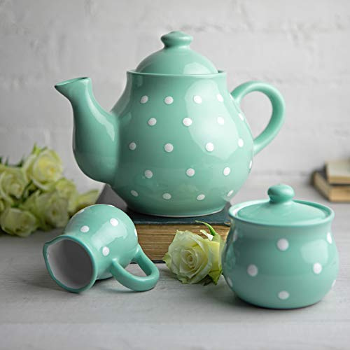 City to Cottage® Set Grande de Tetera, Jarra de Leche y Azucarero de Cerámica con Diseño de Lunares Hecho y Pintado a Mano en Azul Cerceta y Blanco, 1,7 L/60 oz/4-6 Tazas