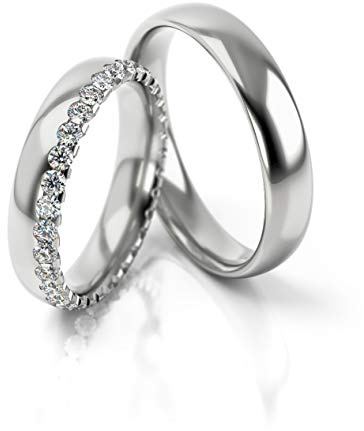 JC Trauringe Gold Paarpreis Weißgold I Traumhafte Eheringe breit 4,5 mm I Einzigartige Partnerringe mit Gravur in edler Schatulle I 2 Hochzeitsringe Herrenring & Damenring mit Steinen I PL289
