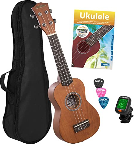 CASCHA Sopran Ukulele Set Deutsch für Kinder und Erwachsene I Starter Kit mit 3 Plektren Tasche Lehrbuch Lernvideos über QR-Code Stimmgerät I Aquila Saiten Nylon I Kleine Hawaii Gitarre Cappuccino