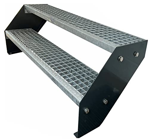 Kaminbau Mierzwa Premium Stahl Treppe Verzinkt & Anthrazit Pulverbeschichtet 2 Stufen (Breite 120 cm) (Höhe 38 cm) Wetterfest Gitterroststufe Gartentreppe