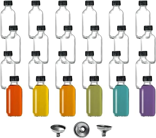 24 Stück Shot Flaschen zum Befüllen – 60ml Mini Glasflaschen mit Deckel, Trichter & Etiketten – Kleine Ingwer Shot Flaschen, Shotgläser mit Deckel, Smoothie Flasche, Glasflasche für Säfte & Whisky