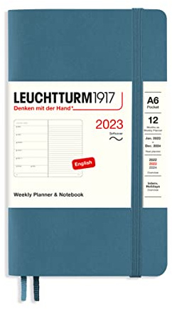 LEUCHTTURM1917 365927 Wochenkalender & Notizbuch Softcover Pocket (A6) 2023, 12 Monate, Stone Blue, Englisch