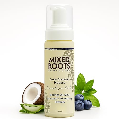 Mixed Roots Curly Cocktail Mousse 236 ml, Moringa, Coconut, Aloe Vera & Blueberry – Light Hold, Alcohol‑Free Curl Definer for Frizz Control, Soft Shine & Natural Texture