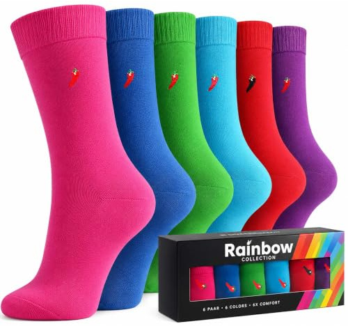 CHiLI Lifestyle Bunte Socken Herren & Damen – 6 Paar Farbige Baumwollsocken Unisex – Lustige Regenbogen Socken weich & atmungsaktiv – Moderne Freizeitsocken Geschenkbox 39-42 & 43-46