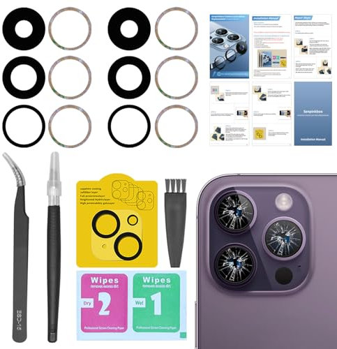Senpinkboo 2 Pack Back Rear Camera Lens Glass Replacement for iPhone 14 Pro and iPhone 14 Pro Max with Pre-Installed Adhesive, Include Repair Tool Set+ Installation Manual+ Camera Lens Protector