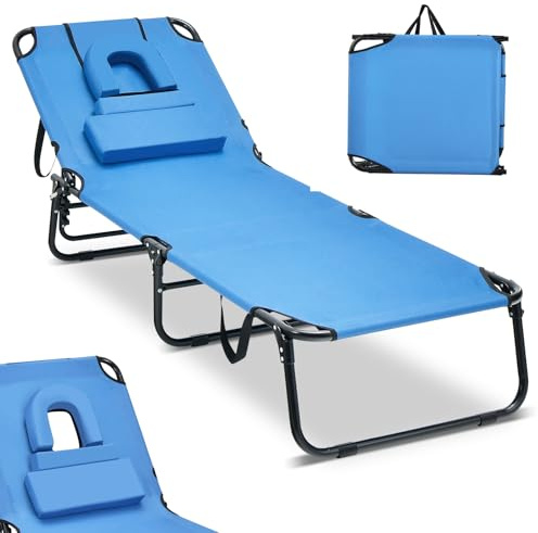 COSTWAY Solstol med ansiktsöppning, vikbar trädgårdsfåtölj med 3 avtagbara kuddar och 5-vägs justerbart ryggstöd, strandstol, solstol för trädgård och poolområde (blå)