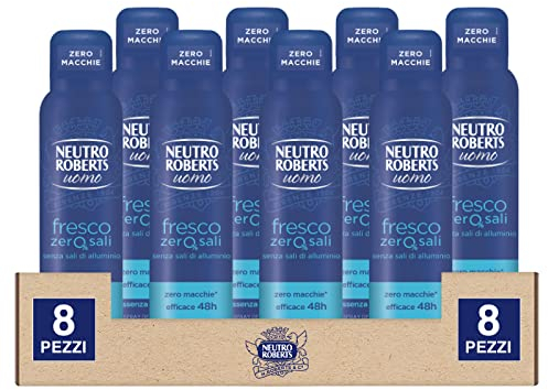 Neutro Roberts Deodorante Spray Fresco Essenza Marina Deo Uomo 48h Senza Sali di Alluminio per la Naturale Traspirazione della Pelle Formula Senza Polveri Non Macchia i Vestiti - 8 Flaconi da 150ml